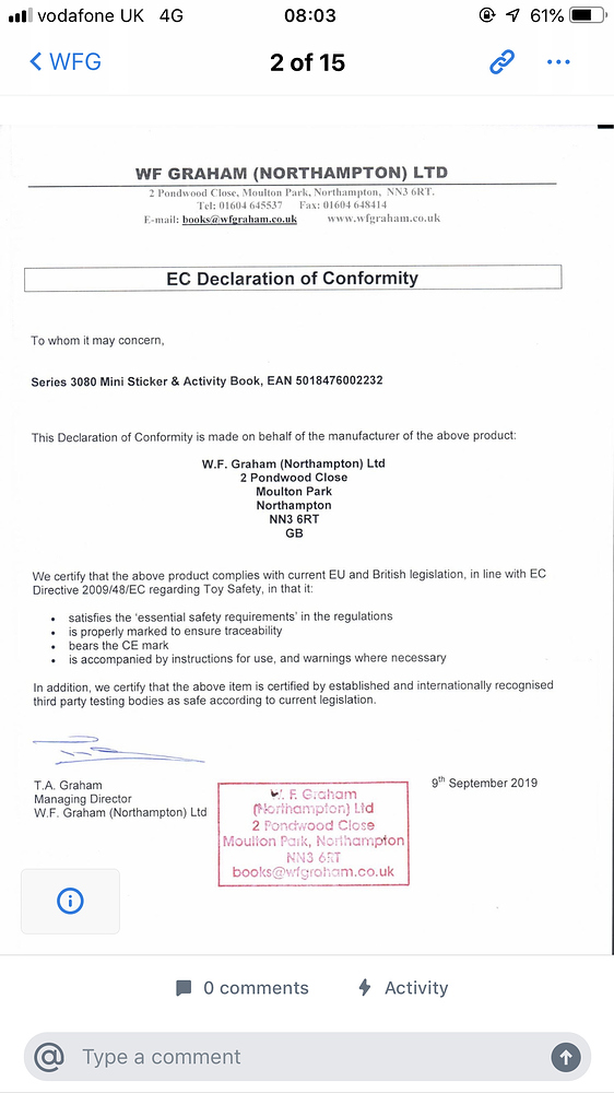 Declaration of Conformity for Toys compliance testing General Selling