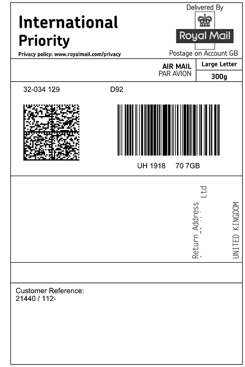 Correct label for royal mail item to USA General Selling on Amazon