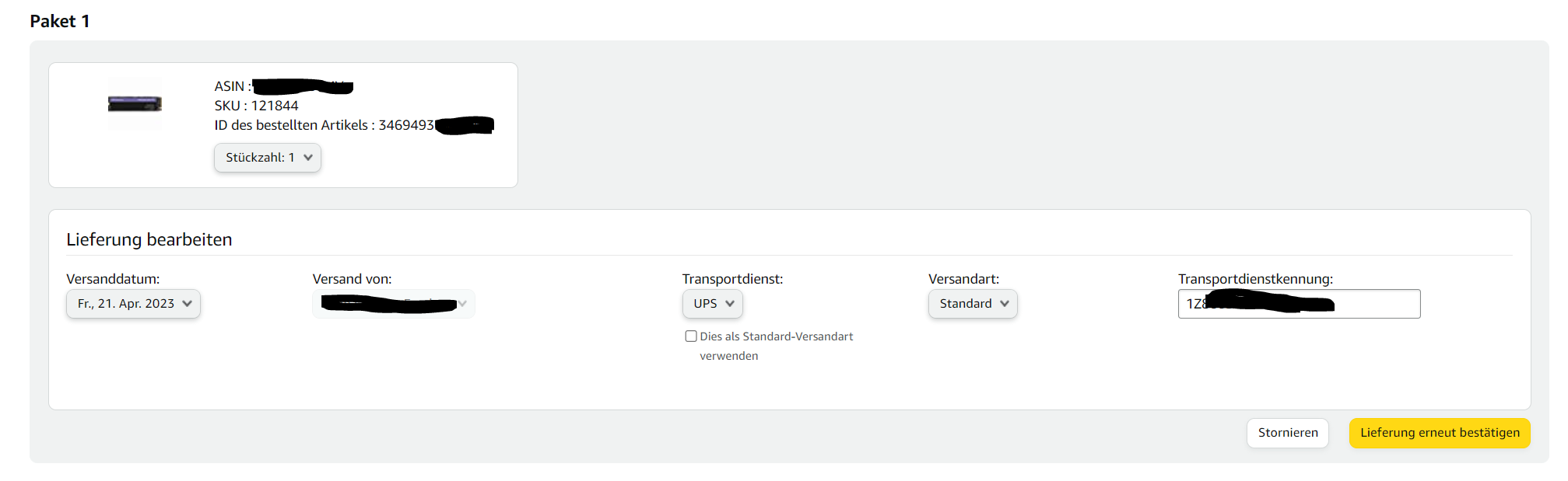 Konto gesperrt Zustellung Ihrer letzten Bestellungen mit Versand