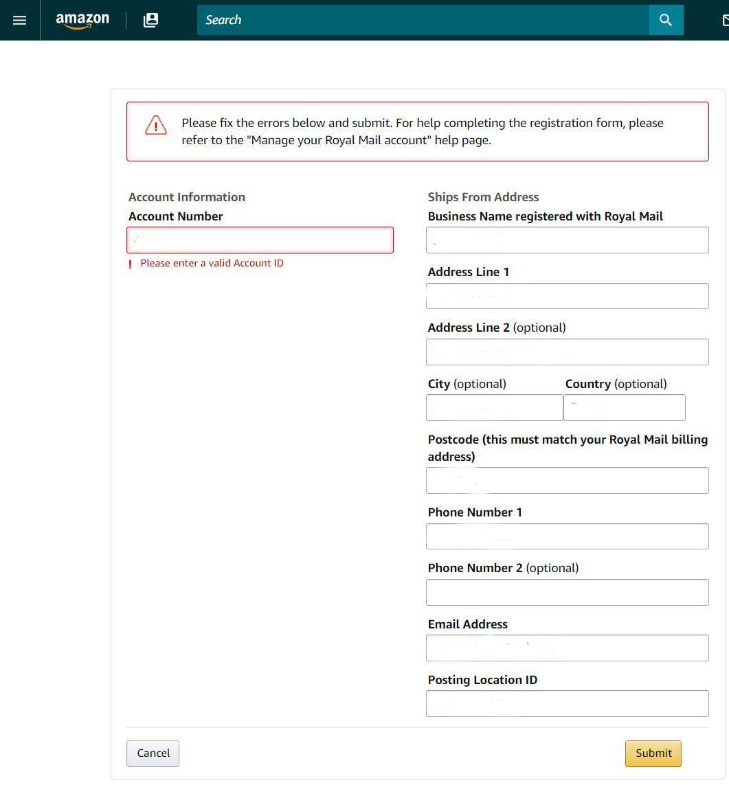 Valid tracking rate Amazon wont accept RM account details Sell on